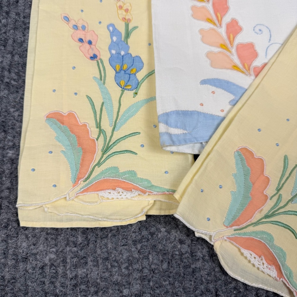 Vtg 30s 40s Cotton Fingertip Guest Towels Set 3 Floral Appliqué Embroidered Deco